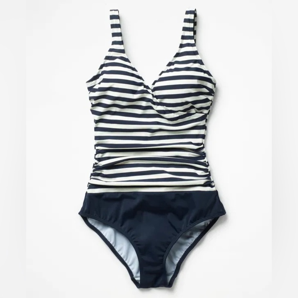 Boden Wrap Front One Piece Swimsuit Navy & White Stripes Tall/Long Size 6